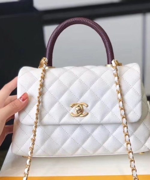 [REP 1:1] Chanel Coco Handle Quilted Lizard Handle Bag 24cm Caviar Leather Gold Hardware Spring/Summer Act 1 Collection, White