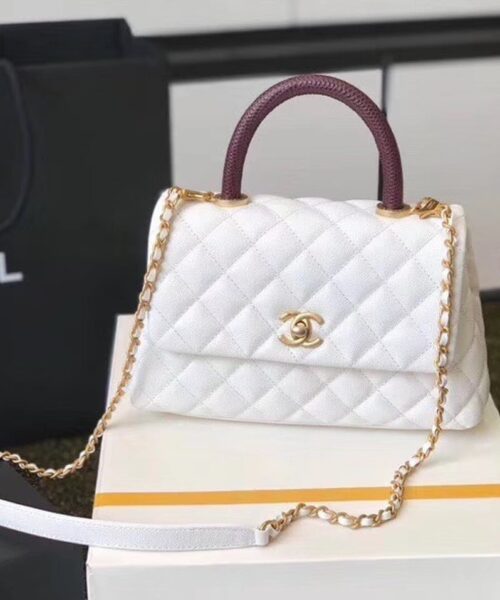 [REP 1:1] Chanel Coco Handle Quilted Lizard Handle Bag 24cm Caviar Leather Gold Hardware Spring/Summer Act 1 Collection, White