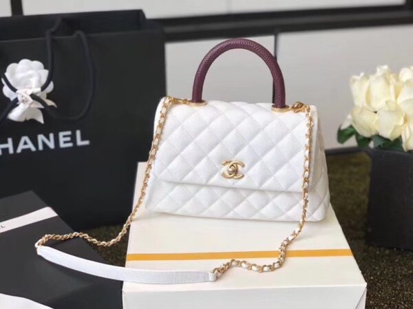 [REP 1:1] Chanel Coco Handle Quilted Lizard Handle Bag 24cm Caviar Leather Gold Hardware Spring/Summer Act 1 Collection, White