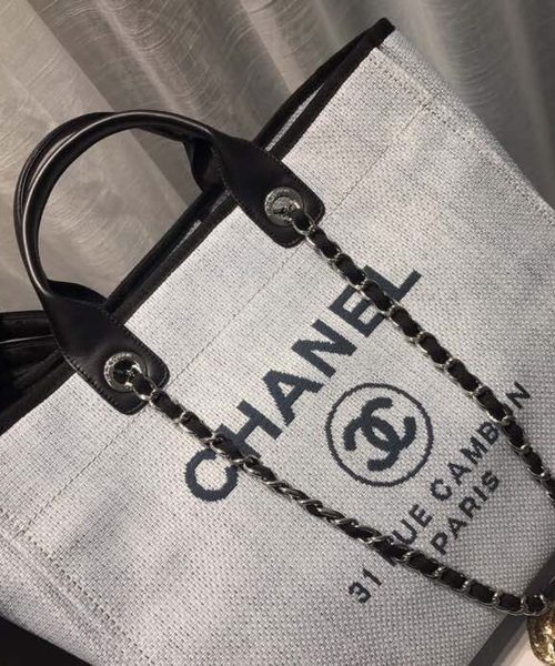 [REP 1:1] Chanel Deauville Tote Canvas Bag Light Grey For Women, Women's Handbags, Shoulder Bags 15in/38cm A66941