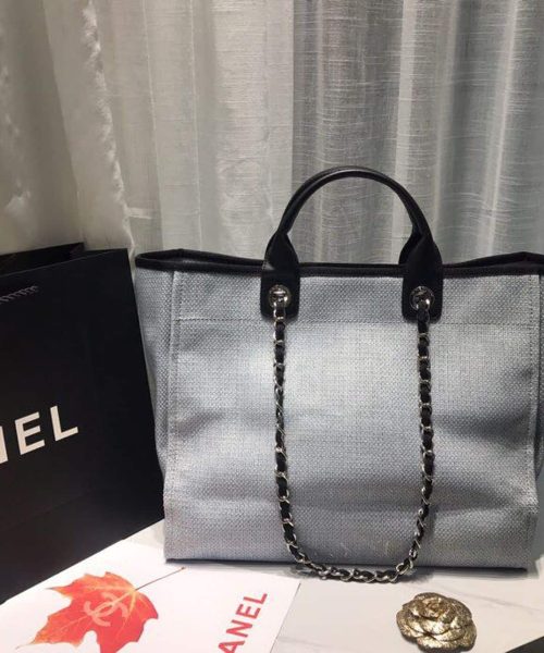 [REP 1:1] Chanel Deauville Tote Canvas Bag Light Grey For Women, Women's Handbags, Shoulder Bags 15in/38cm A66941
