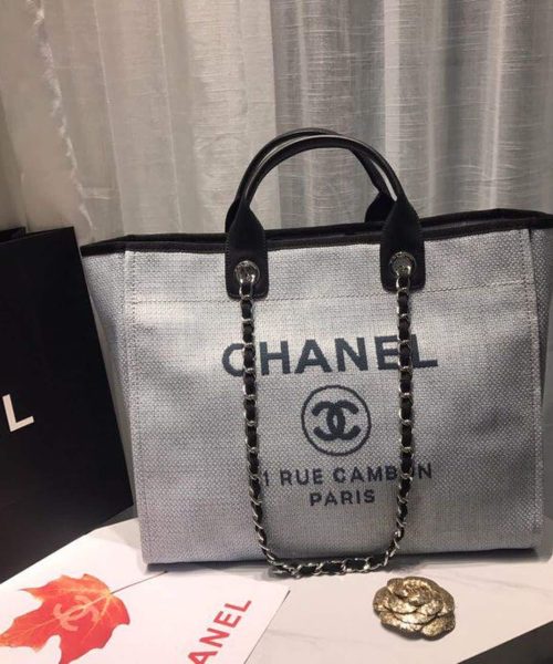 [REP 1:1] Chanel Deauville Tote Canvas Bag Light Grey For Women, Women's Handbags, Shoulder Bags 15in/38cm A66941