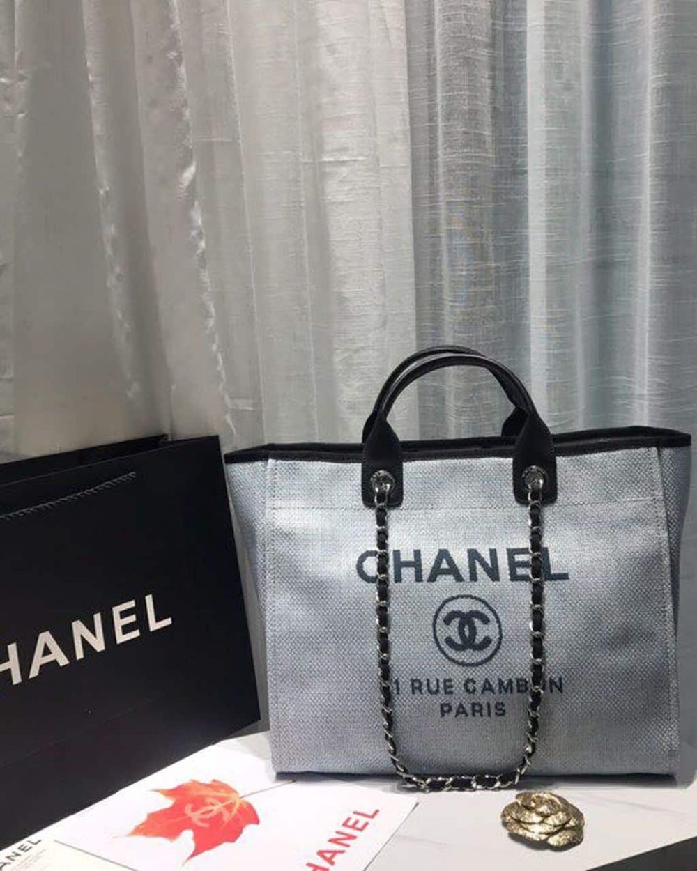 [REP 1:1] Chanel Deauville Tote Canvas Bag Light Grey For Women, Women's Handbags, Shoulder Bags 15in/38cm A66941