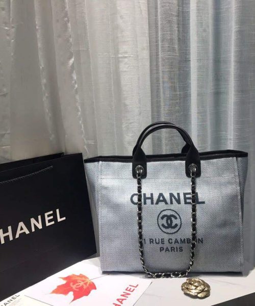 [REP 1:1] Chanel Deauville Tote Canvas Bag Light Grey For Women, Women's Handbags, Shoulder Bags 15in/38cm A66941