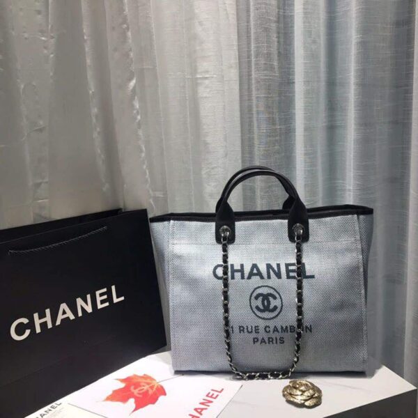 [REP 1:1] Chanel Deauville Tote Canvas Bag Light Grey For Women, Women's Handbags, Shoulder Bags 15in/38cm A66941
