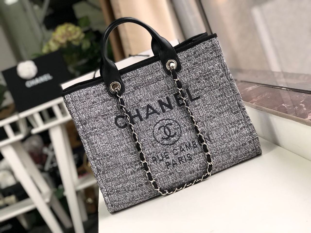 [REP 1:1] Chanel Deauville Tote Raffia Canvas Bag Black/White For Women 14.9in/38cm