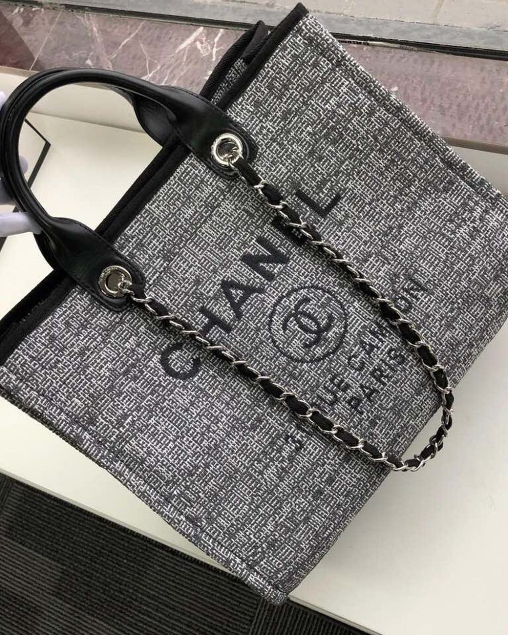 [REP 1:1] Chanel Deauville Tote Raffia Canvas Bag Black/White For Women 14.9in/38cm