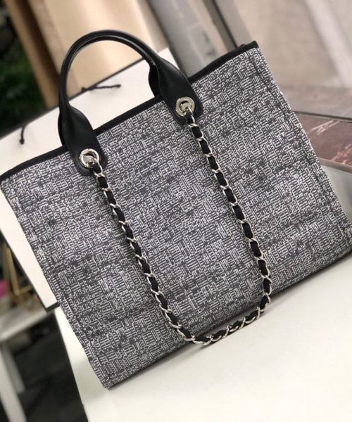 [REP 1:1] Chanel Deauville Tote Raffia Canvas Bag Black/White For Women 14.9in/38cm
