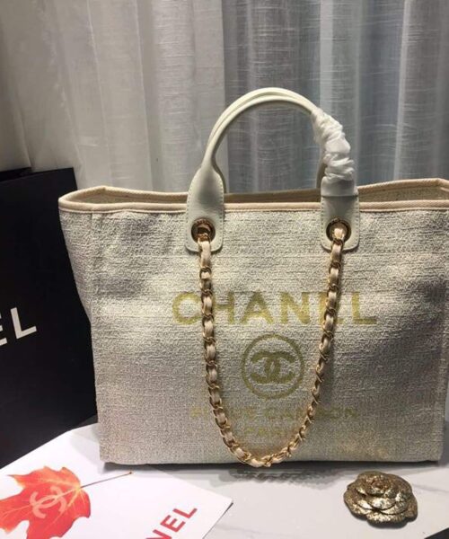 [REP 1:1] Chanel Deauville Tote Tweed Canvas Bag Fall/Winter Collection, Beige/Cream/Gold/Multi For Women 15in/38cm