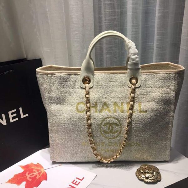 [REP 1:1] Chanel Deauville Tote Tweed Canvas Bag Fall/Winter Collection, Beige/Cream/Gold/Multi For Women 15in/38cm
