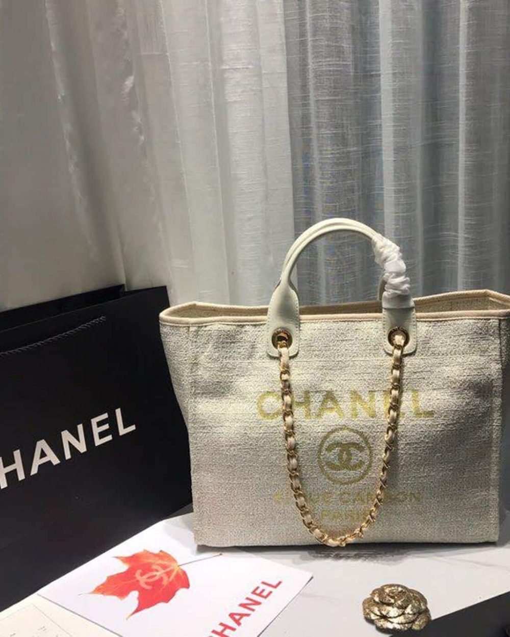 [REP 1:1] Chanel Deauville Tote Tweed Canvas Bag Fall/Winter Collection, Beige/Cream/Gold/Multi For Women 15in/38cm