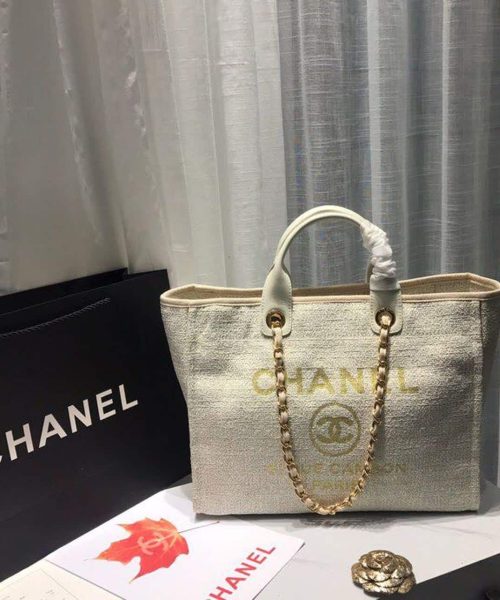 [REP 1:1] Chanel Deauville Tote Tweed Canvas Bag Fall/Winter Collection, Beige/Cream/Gold/Multi For Women 15in/38cm