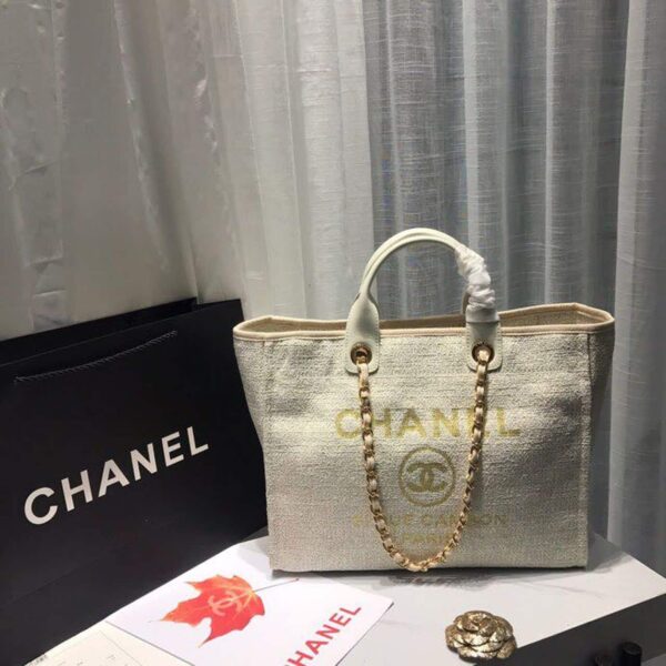 [REP 1:1] Chanel Deauville Tote Tweed Canvas Bag Fall/Winter Collection, Beige/Cream/Gold/Multi For Women 15in/38cm