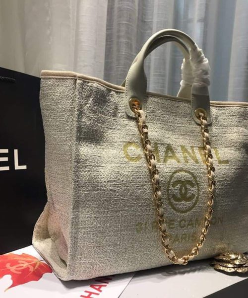 [REP 1:1] Chanel Deauville Tote Tweed Canvas Bag Fall/Winter Collection, Beige/Cream/Gold/Multi For Women 15in/38cm