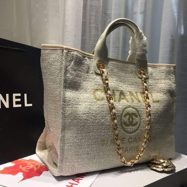 [REP 1:1] Chanel Deauville Tote Tweed Canvas Bag Fall/Winter Collection, Beige/Cream/Gold/Multi For Women 15in/38cm