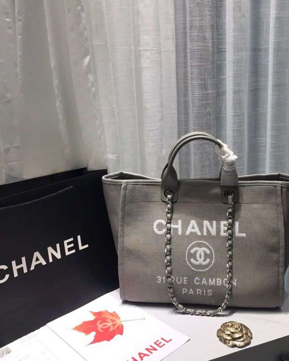 [REP 1:1] Chanel Deauville Tote Tweed Canvas Bag Fall/Winter Collection, Light Grey/White For Women 15in/38cm