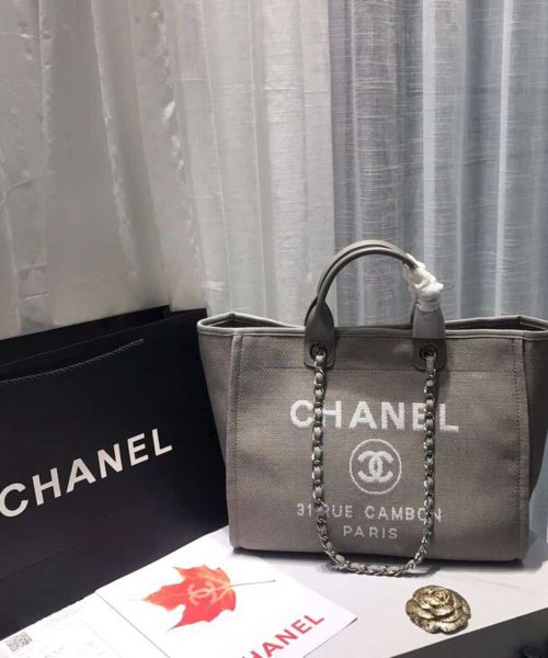 [REP 1:1] Chanel Deauville Tote Tweed Canvas Bag Fall/Winter Collection, Light Grey/White For Women 15in/38cm