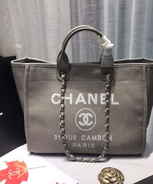 [REP 1:1] Chanel Deauville Tote Tweed Canvas Bag Fall/Winter Collection, Light Grey/White For Women 15in/38cm
