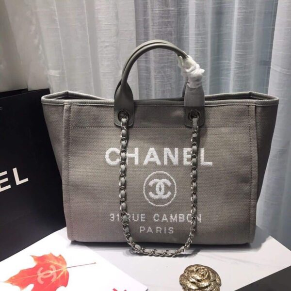 [REP 1:1] Chanel Deauville Tote Tweed Canvas Bag Fall/Winter Collection, Light Grey/White For Women 15in/38cm