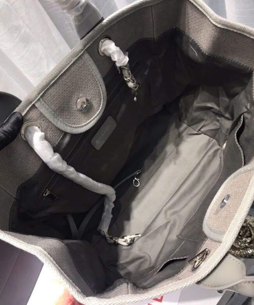 [REP 1:1] Chanel Deauville Tote Tweed Canvas Bag Fall/Winter Collection, Light Grey/White For Women 15in/38cm