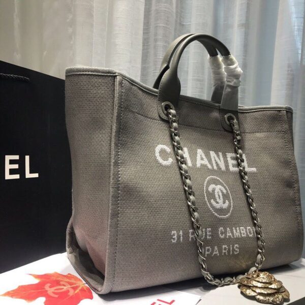 [REP 1:1] Chanel Deauville Tote Tweed Canvas Bag Fall/Winter Collection, Light Grey/White For Women 15in/38cm