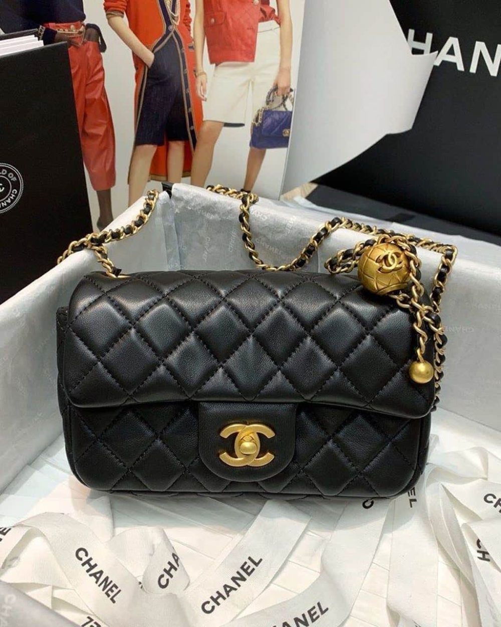 1:1 Replica Chanel Flap Bag With CC Ball On Strap Black For Women, Women's Handbags, Shoulder And Crossbody Bags 7.8in/20cm AS1787
