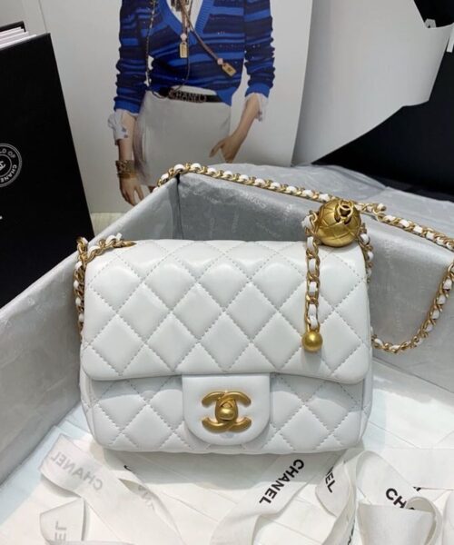 [REP 1:1] Chanel Mini Flap Bag With CC Ball On Strap White For Women, Women's Handbags, Shoulder And Crossbody Bags 6.7in/17cm AS1786