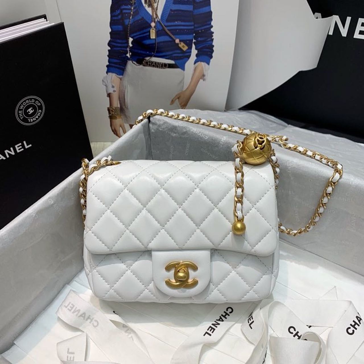 [REP 1:1] Chanel Mini Flap Bag With CC Ball On Strap White For Women, Women's Handbags, Shoulder And Crossbody Bags 6.7in/17cm AS1786