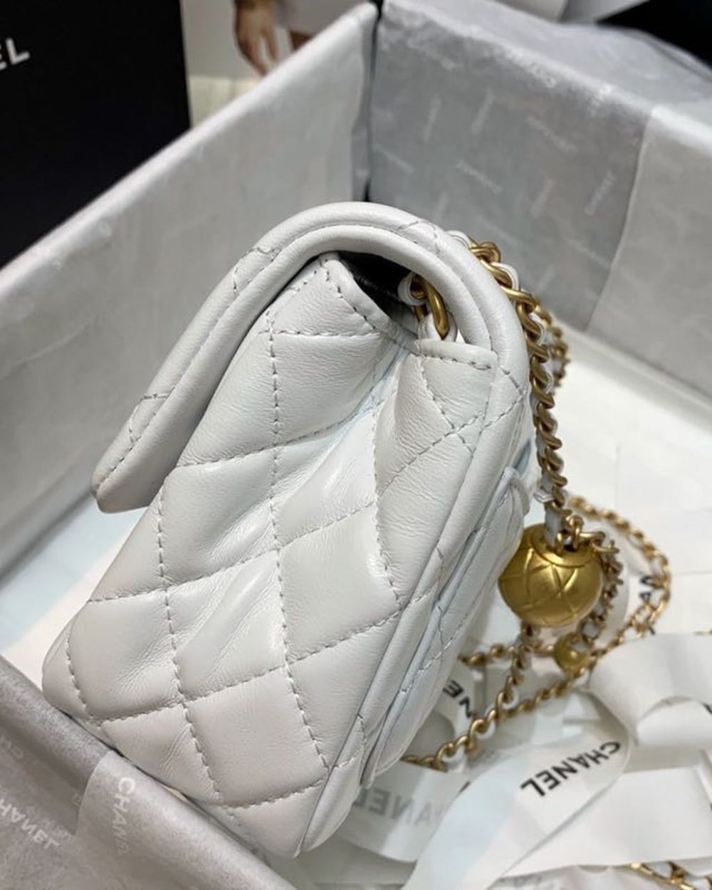 [REP 1:1] Chanel Mini Flap Bag With CC Ball On Strap White For Women, Women's Handbags, Shoulder And Crossbody Bags 6.7in/17cm AS1786