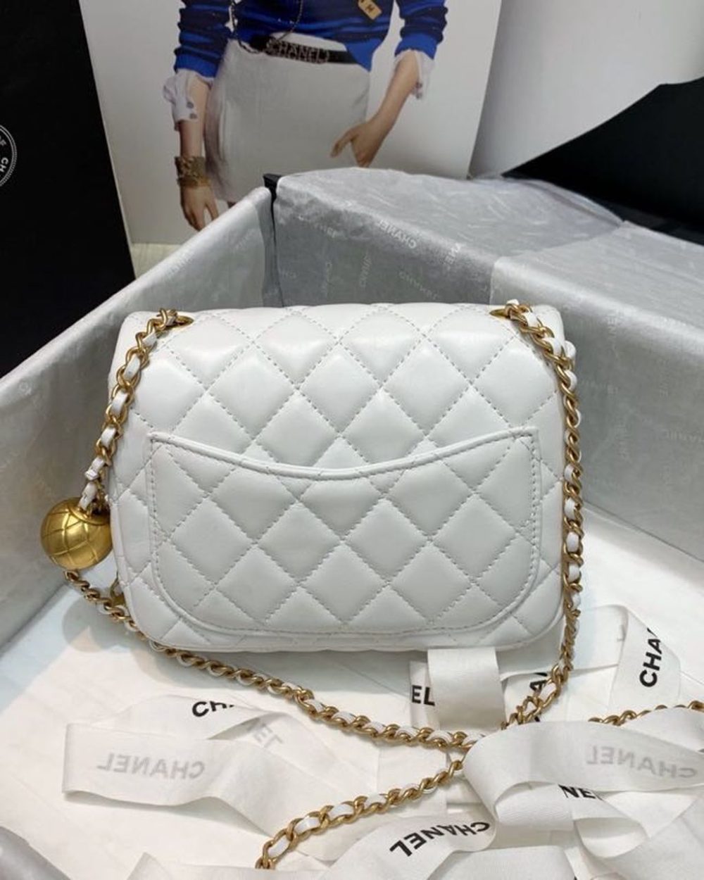 [REP 1:1] Chanel Mini Flap Bag With CC Ball On Strap White For Women, Women's Handbags, Shoulder And Crossbody Bags 6.7in/17cm AS1786