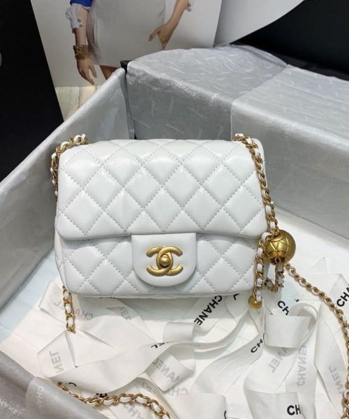 [REP 1:1] Chanel Mini Flap Bag With CC Ball On Strap White For Women, Women's Handbags, Shoulder And Crossbody Bags 6.7in/17cm AS1786