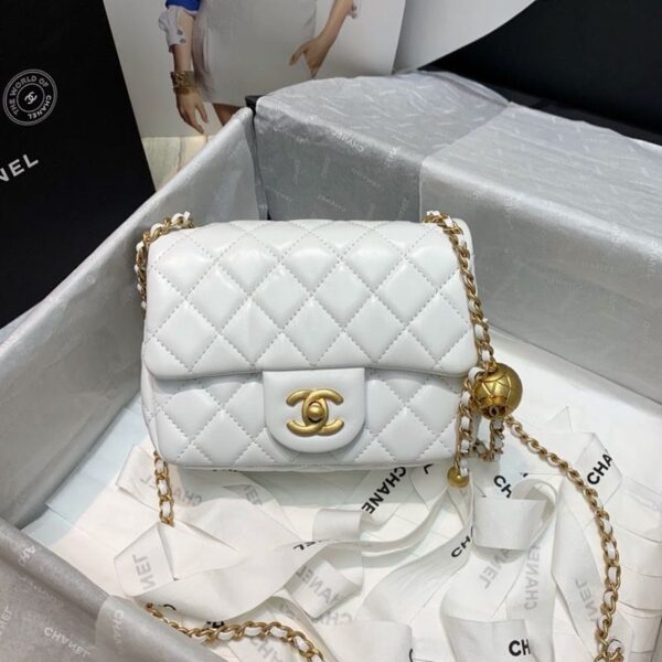 [REP 1:1] Chanel Mini Flap Bag With CC Ball On Strap White For Women, Women's Handbags, Shoulder And Crossbody Bags 6.7in/17cm AS1786