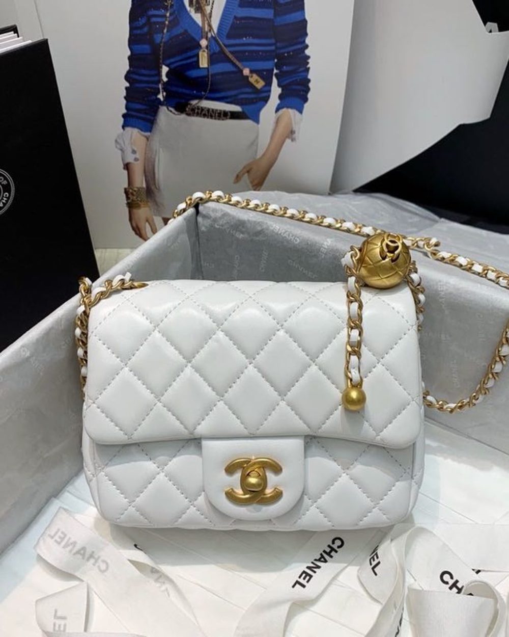 [REP 1:1] Chanel Mini Flap Bag With CC Ball On Strap White For Women, Women's Handbags, Shoulder And Crossbody Bags 6.7in/17cm AS1786