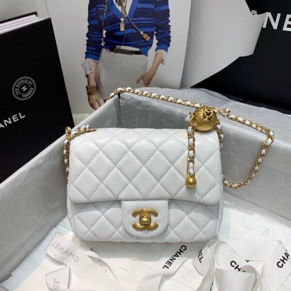 [REP 1:1] Chanel Mini Flap Bag With CC Ball On Strap White For Women, Women's Handbags, Shoulder And Crossbody Bags 6.7in/17cm AS1786