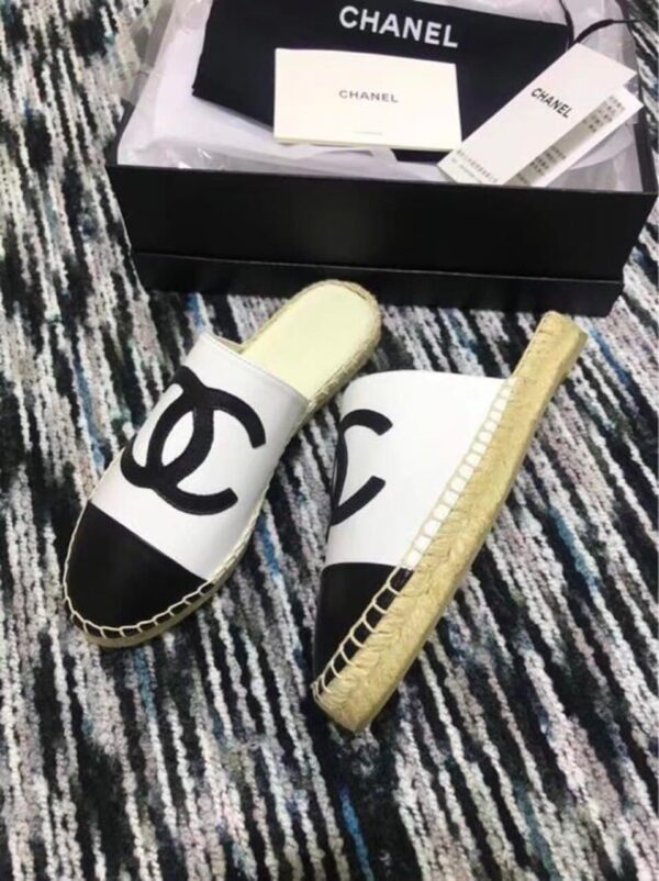 Chanel Mule Espadrille Slides White/Black For Women, Women's Shoes