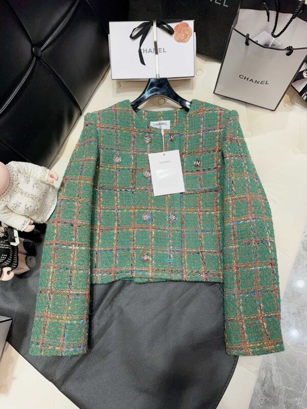Chanel Plaid Tweed Jacket Green For Women