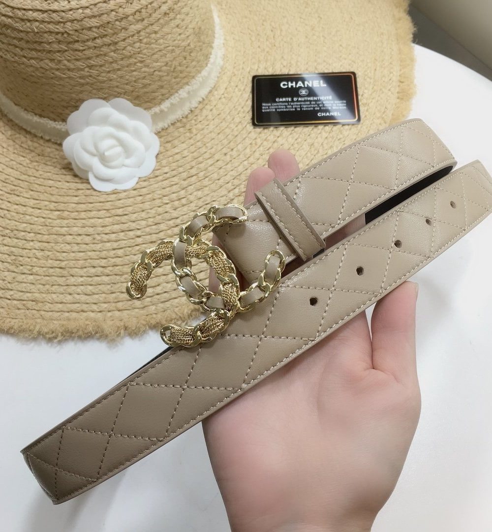 1:1 Replica Chanel Quilted Belt With Double C Buckle Beige with Gold mix Beige Hardware Women Belt