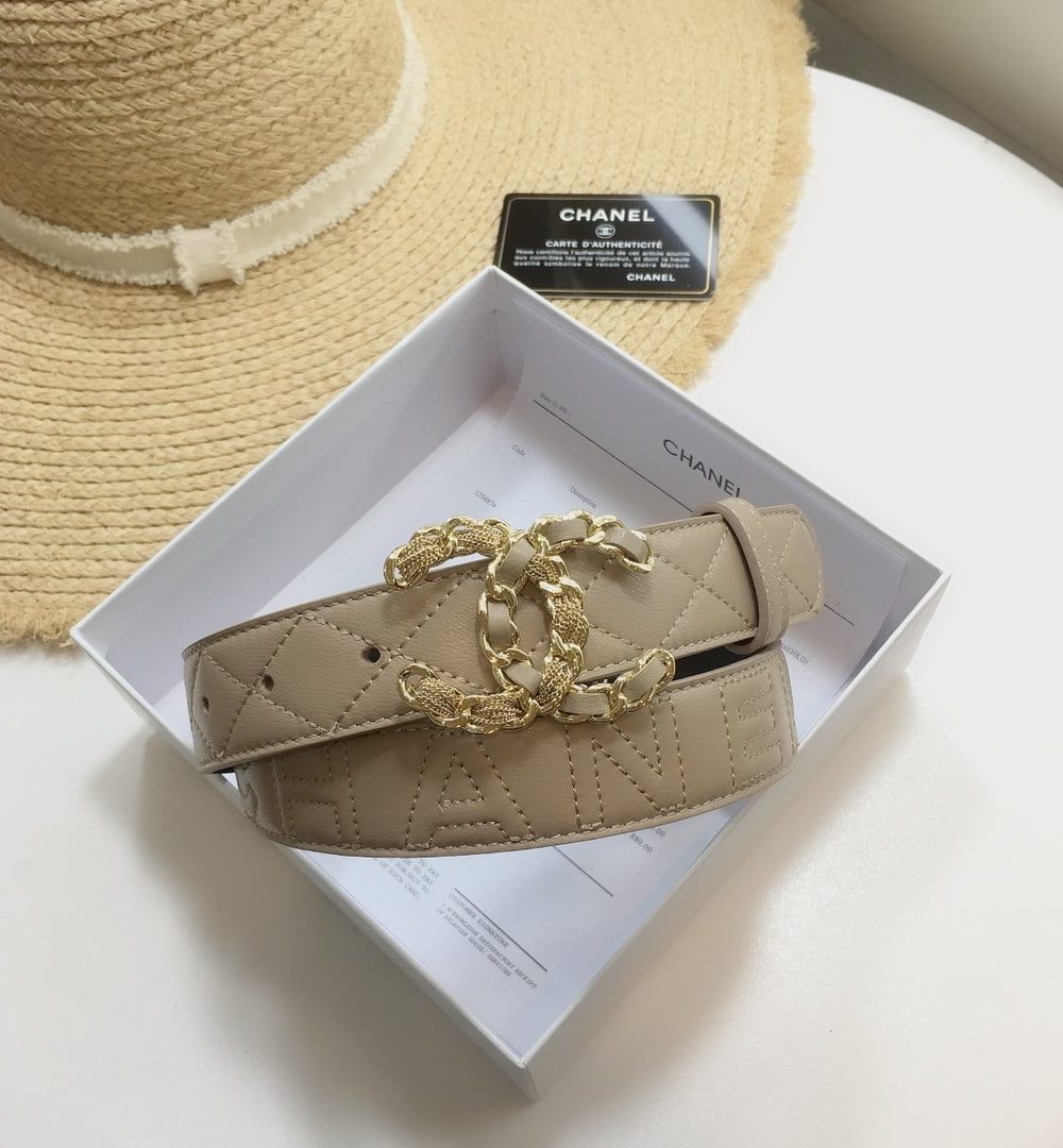 1:1 Replica Chanel Quilted Belt With Double C Buckle Beige with Gold mix Beige Hardware Women Belt