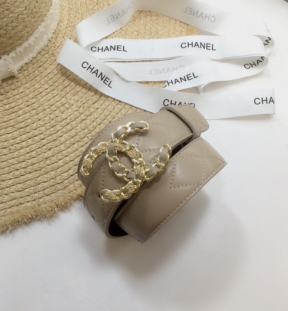1:1 Replica Chanel Quilted Belt With Double C Buckle Beige with Gold mix Beige Hardware Women Belt