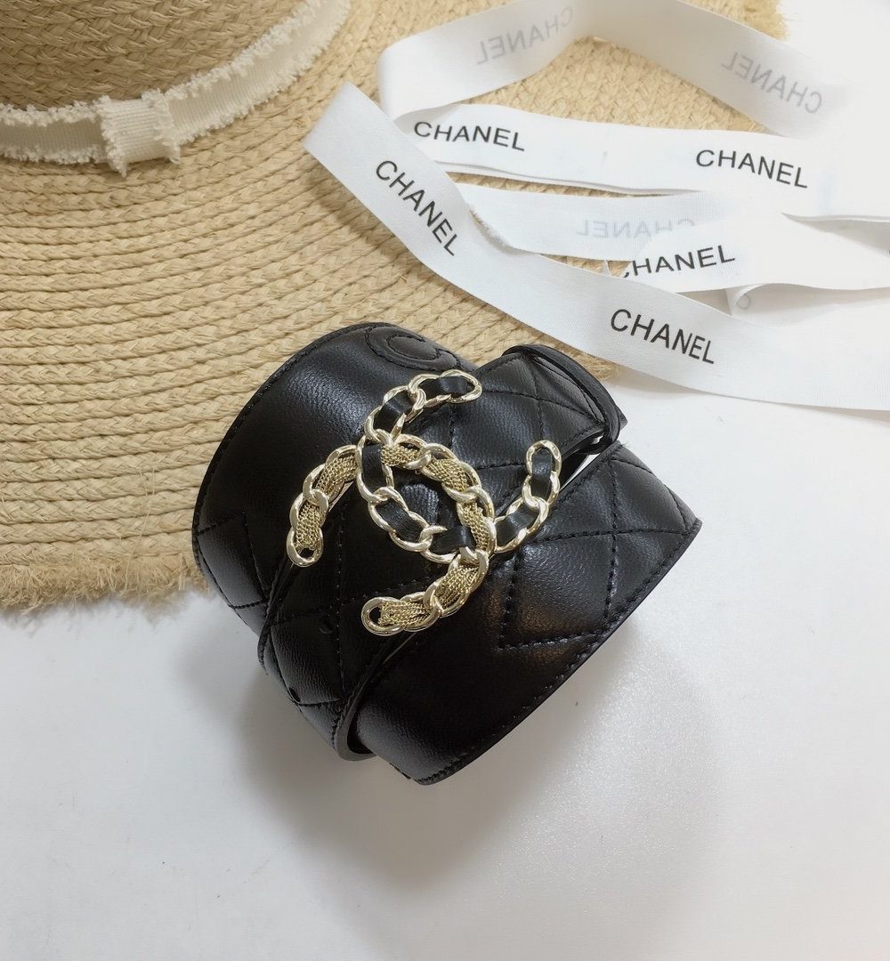 1:1 Replica Chanel Quilted Belt With Double C Buckle Black with Gold mix Black Hardware Women Belt