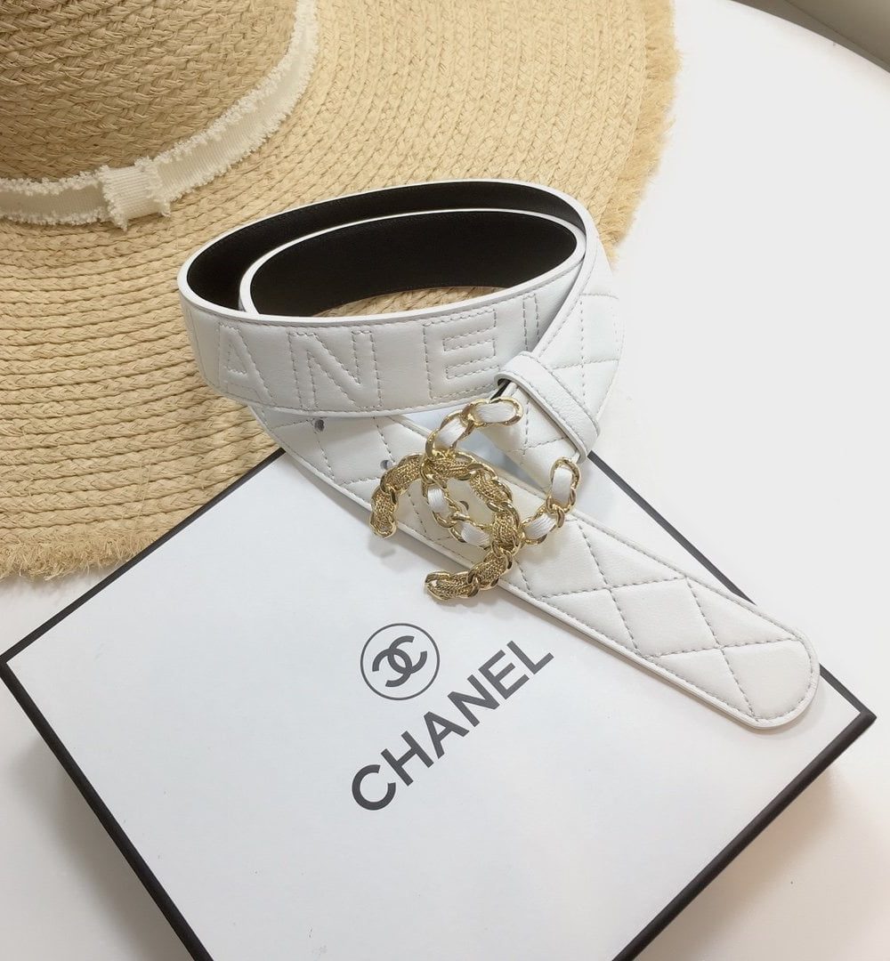 1:1 Replica Chanel Quilted Belt With Double C Buckle White with Gold mix White Hardware Women Belt