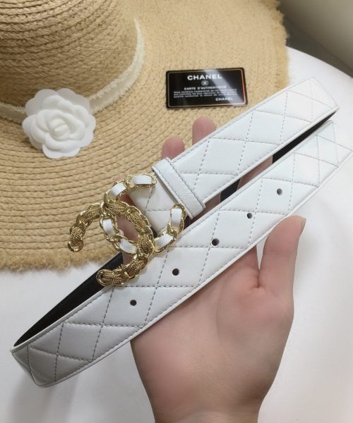 1:1 Replica Chanel Quilted Belt With Double C Buckle White with Gold mix White Hardware Women Belt