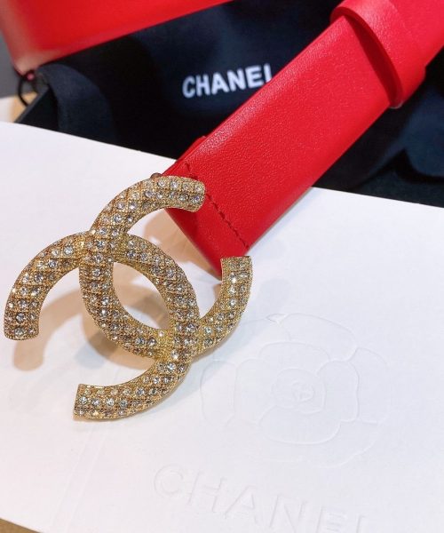 1:1 Replica Chanel Red Belt With Double C Buckle Gold-Toned and Strass Metal Women Belt