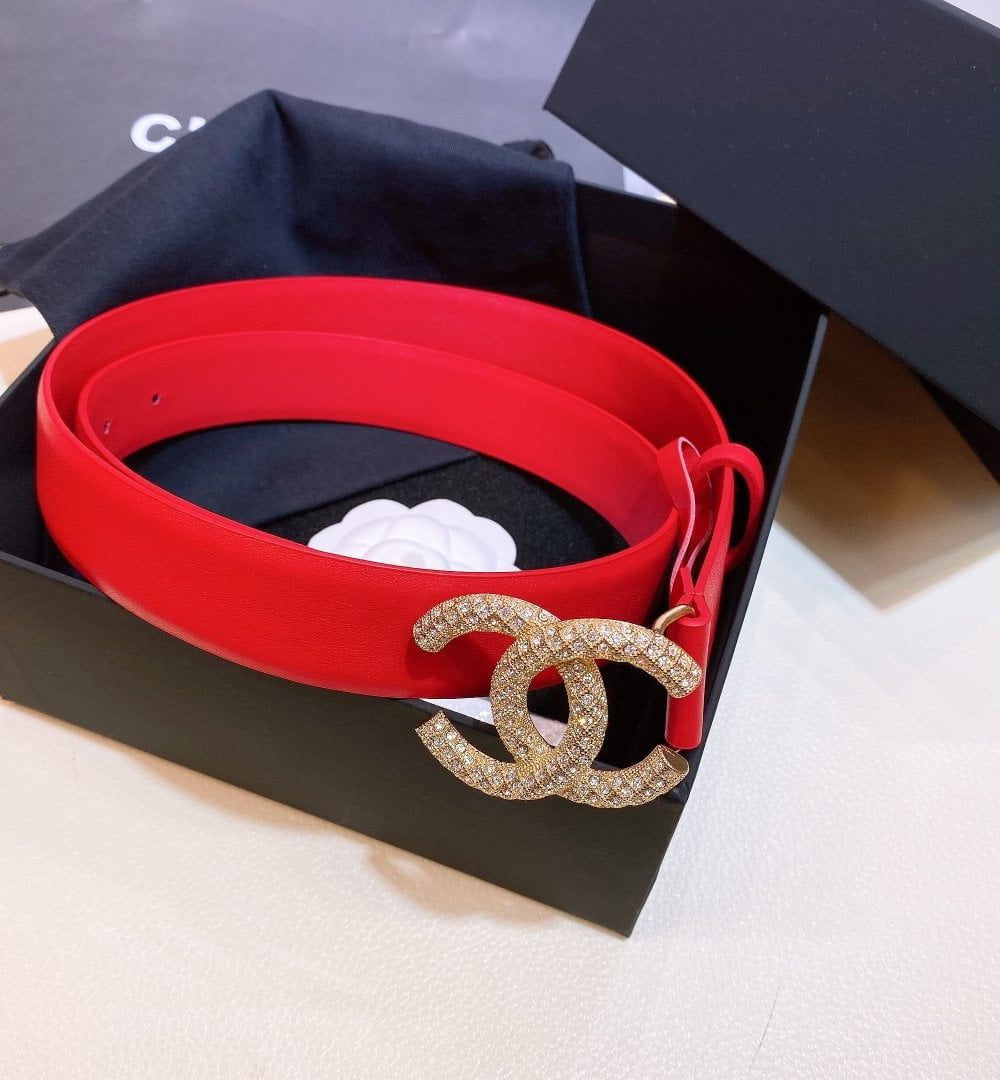 1:1 Replica Chanel Red Belt With Double C Buckle Gold-Toned and Strass Metal Women Belt