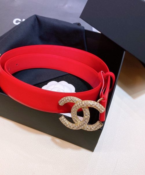 1:1 Replica Chanel Red Belt With Double C Buckle Gold-Toned and Strass Metal Women Belt