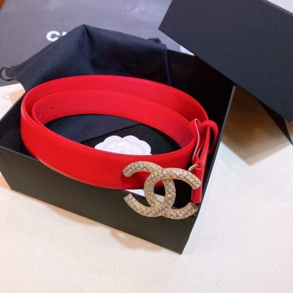 1:1 Replica Chanel Red Belt With Double C Buckle Gold-Toned and Strass Metal Women Belt