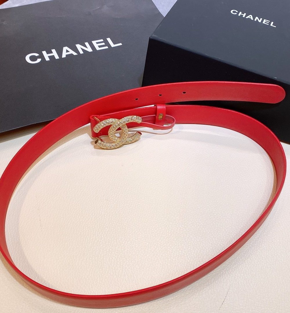 1:1 Replica Chanel Red Belt With Double C Buckle Gold-Toned and Strass Metal Women Belt