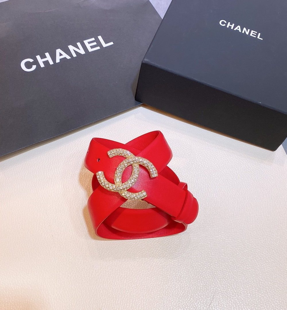 1:1 Replica Chanel Red Belt With Double C Buckle Gold-Toned and Strass Metal Women Belt