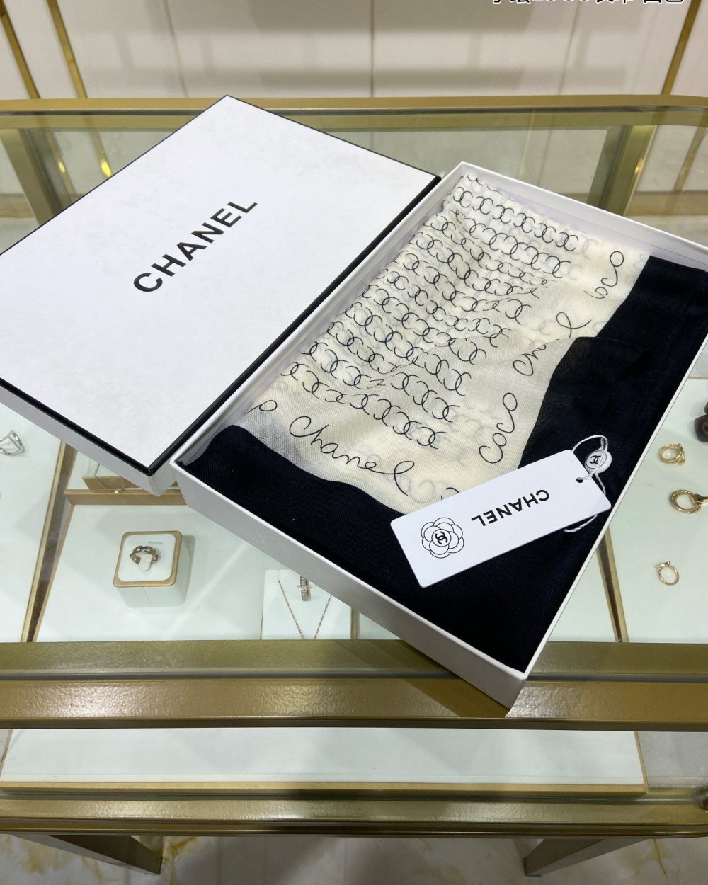 Chanel Silk Chiffon Black and White With Black Border Scarf 200cm/78in 