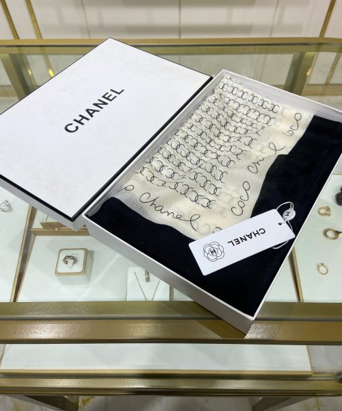 Chanel Silk Chiffon Black and White With Black Border Scarf 200cm/78in 